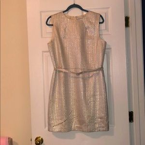 White Silver Houndstooth Belted Sheath Dress